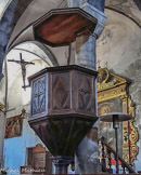 <center>L'église Saint-Martin. </center>Chaire à prêcher. 
Bois de noyer et résineux taillé mouluré et ciré, les panneaux sont agrémentés de figures géométriques losangées ou triangulaires, les rampes de l'escalier de la chaire sont composées de balustres tournés. La cuve est de plan octogonal et repose sur une colonnette, son escalier à balustres de deux