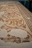 <center>PAVEMENT DE MOSAÏQUE, DÉPOSÉ DE DAYR AL-BALAH</center>De bas en haut : un chasseur, un fauve, un chien féroce, un coq. Entre les rinceaux figurent oiseaux et pampres.