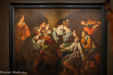<center>Georges de La Tour Entre ombre et lumière</center>JEAN LE CLERC
Concert nocturne
(Le fils prodigue)
Vers 1618-1620
Huile sur toile.
Bayerische Staatsgemäldesammlunngen München - Alte P'inakothek, Staatsgalerie im Neuen Schloss SchleiBheim. <br>
Le Lorrain Jean Le Clerc rapporte à Nancy à son retour d'\ta\\e en 1622 une interprétation douce et raffinée du caravagisme. Devenu \e peintre des ducs de Lorraine, il réalise de nombreux décors et tabi eaux d'églises.
Le Concert nocturne illustre pleinement son style.
Dans une taverne, des musiciens et chanteurs entourent deux couples absorbés par leurs occupations amoureuses, tandis que la lumière d'une chandelle sculpte les silhouettes dans un intense contraste entre ombre et lumière.
Le raffinement de la scène s'inscrit dans une atmosphère équivoque, typique