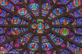 <center>Vue sur la rose méridionale, la Nouvelle Alliance </center>Sous la direction de Jean de Chelles puis Pierre de Montreuil, architectes, vers 1270. Germain Brice, maître-verrier, restauration, 1726 Alfred Gérente, maître-verrier, restauration, 1862. <br> Au centre, le Christ de l'Apocalypse est entouré d'apôtres, de martyrs, de vierges, d'anges et de scènes du Nouveau Testament.