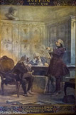 <center>La Sorbonne. </center>Buffon en présence de Bernard de Jussieu et de Daubentonlit  les premiers feuillets de son traité d'histoire naturelle en 1778.