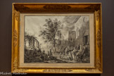 <center>L'Aumône devant l'église</center>Jean-Antoine Constantin, dit Constantin d'Aix
Marseille, 1756 - Aix-en-Provence, 1844.

Vers 1780-1785
Plume et encre noire, lavis noir et gris sur papier
Il s'agit là d'une des plus grandes feuilles dessinées par Constantin. Elle fait faire pendant à La Fête villageoise. Bien qu'elle ne soit pas clairement identifiée, cette scène édifiante de charité se déroule dans la campagne italienne d'après la coiffe caractéristique portée par les paysannes, le « panno ». Des femmes accompagnées de leurs jeunes enfants, reçoivent l'aumône d'un groupe de religieux à la porte de leur église.