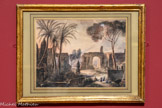 <center>Frontispice pour Souvenirs de la Sicile</center>Auguste de Forbln
La Roque d'Anthéron, 1777 - Paris, 1841

1823.
Aquarelle, plume et encre brune sur papier
De retour de Sicile, le comte de Forbin rédige un récit publié en 1823 sous le titre Souvenirs de la Sicile. Si les voyageurs du Grand Tour se rendent rarement en Sicile, elle devient, au début du XIXe siècle, une destination de plus en plus prisée par la bonne société européenne et une étape prisée du voyage en Orient. Forbin décide d'illustrer le frontispice de son récit par une vue du théâtre de Taormina, figurant les ruines du portique qui ornait la scène du théâtre avec, dans le lointain, l'Etna. Les personnages du premier plan évoquent une représentation à laquelle Forbin assista le soir de sa visite, ajoutant une touche de pittoresque à la scène.
