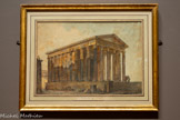 <center>La Maison Carrée à Nîmes</center>Antoine Chantron
Avignon, 1771 -1842.

Vers 1793 (?)
Aquarelle sur trait à la plume et encre brune sur papier
L'admiration inconditionnelle pour l'antique défendue par le néo-classicisme réactive l'intérêt porté aux monuments romains du sud de la France. Militaire de carrière, Antoine Chantron est aussi un dessinateur talentueux. Ces vues de deux des plus célèbres monuments nîmois témoignent de sa maîtrise des techniques du dessin. Il restitue non seulement avec une précision archéologique, l'architecture des bâtiments, mais grâce aux couleurs de l'aquarelle, l'atmosphère romantique des ruines du temple de Diane