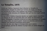 <center>La Tempête, 1975</center>Invité par l'éditeur Raymond Lévy à illustrer La Tempête de Shakespeare, Chagall est séduit par l'univers de magie, de rêve et de fantaisie de la pièce. Pour préparer son travail, il s'informe des costumes et des vaisseaux de l'époque, bien qu'il ne s'en inspire jamais directement.
En mai 1975, il réalise cinquante dessins sur papier-report, transférés sur plaques de zinc et retouchés dans son atelier de Saint-Paul-de- Vence. Infatigable, il termine le livre en un mois seulement. La Tempête est unique dans son œuvre gravé : toutes les planches sont en noir, révélant une intensité dramatique particulière.
Le choix du zinc, plus léger et transportable que la pierre lithographique, permet de réaliser le projet dans un atelier éloigné de Paris.