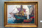<center>Laurent Mattio </center>Chaluts à contre-jour, Méditerranée Huile sur toile 65x92 cm Collection particulière