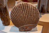 <center>Cordes-sur-ciel. Musée Charles Portal.</center>Coquille Saint Jacques. XIVe siècle.
Provenance : Hôpital Saint Jacques de Cordes. Coquille Saint Jacques en pierre (calcaire)
Plusieurs coquilles identiques ornaient le mur pignon de l’hôpital Saint Jacques. Celle-ci est la seule axant été conservée. L'hôpital Saint Jacques était un lieu d'étape pour les pèlerins se rendant à Saint Jacques de Compostelle (Cordes était sur le chemin entre Conques et Toulouse qui passait notamment par Rodez et Rabastens). Cet hôpital fut surtout un hospice futur les pauvres. De nombreux vestiges du passage des pèlerins de Saint Jacques ont été retrouvés à Cordes au cimetière et dans une fouille effectuée à Puech Gaubel (notamment coquilles St Jacques percées pour mettre en collier ou fixer au bâton} qui montre