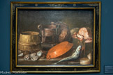 <center>Le musée Goya.</center>Francisco BARRANCO (attribué à)
ACTIF À SÉVI LLE VERS 1630-1650
Nature morte au hareng et aux ustensiles de cuisine
VERS 1650 HUILE SUR TOILE