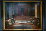 <center>Le musée Goya.</center>Francisco de GOYA Y LUCIENTES
(FUENDETODOS, 1746 - BORDEAUX, 1828)
La Junte des Philippines
1815
HUILE SUR TOILE.
Le musée de Castres possède la plus grande peinture d'histoire exécutée par Goya : l'Assemblée de la Compagnie Royale des Philippines dite la Junte des Philippines. Acquise en 1881 à Madrid par Marcel Briguiboul (1837-1892) auprès de six copropriétaires, l'œuvre commémore l’assemblée générale de la Junte réunie le 30 mars 1815, exceptionnellement présidée par le Roi d’Espagne Ferdinand VII.
L'histoire raconte qu'au mois de septembre 1815, alors que Goya n'a pas achevé sa composition, le Roi Ferdinand Vif exile son ministre Lardizabal, révélant ainsi son visage de monarque despote et tyrannique.
En réaction, les commanditaires du tableau demandent à Goya de représenter le malheureux banni. Ce dernier apparaît ainsi sur la gauche du tableau, debout, le visage éclairé et témoin de la scène.
Le tableau est exécuté rapidement, en quelques mois seulement, Goya juxtaposant les touches de couleurs et procédant par accumulation de tâches pour créer la forme.
Sa technique raffinée, subtile et violente, empêche de le classer dans le champ des mouvances académiques telles que le romantisme, le réalisme, le naturalisme eu f impressionnisme. L’art de Goya étant beaucoup plus complexe et son talent multiforme, il ouvra la voie à l’art moderne et inspire de nombreux artistes.