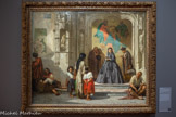 <center>Le musée Goya.</center>Léon BONNAT
(BAYONNE. 1833 - MONCHY-SAINT-ELOI. 1922)
Jeune femme faisant la charité à rentrée de la chapelle de l’hôpital San Sebastián à Cordoue
1863
HUILE SUR TOILE
Lors de ses séjours en Espagne, Bonnat peint de nombreuses scènes de la vie quotidienne à tendance moralisatrice. Ces scènes de genre célèbrent, dans un style réaliste inspiré de Ribera, les vertus chrétiennes comme la charité, le sacrifice, la piété. Ici, une jeune femme vêtue de noir fait l’aumône à tout un groupe de mendiants devant la porte de la chapelle de l’hôpital San Sebastián à Cordoue. La représentation en arrière-plan du Couronnement de la Vierge de Velâzquez, imaginée par l’artiste, est un « clin d’œil » de Bonnat qui rend ainsi hommage à un des plus grands maîtres du Siècle d’or.