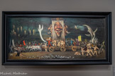 <center>Le musée Goya.</center>Ismaël DE LA SERNA
(GUADIX, 1898 - PARIS, 1968)
Scène de Carnaval
VERS 1943 HUILE SUR BOIS
Cette scène de carnaval est une procession grotesque et macabre. Elle fait référence au célèbre tableau de Goya L'Enterrement de la sardine. La foule captée dans un instantané est dans un état euphorique. Les participants dansent, crient, se tortillent mais à gauche du tableau, des corps sans vie sont accrochés à un arbre. Originaire de Grenade, Ismaël de la Sema développe une œuvre éclectique qui croise les inventions formelles du symbolisme du surréalisme, de l’expressionnisme et du cubisme. Installé à Paris, il est en contact étroit avec d’autres artistes espagnols (Gris, Picasso, Gargallo, Miré).
A la fin des années 20, il est l’un des principaux membres de l’avant-garde artistique. Il conserve un attachement profond pour la peinture espagnole classique et notamment à l’œuvre de Goya.