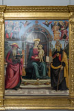 Musée des Beaux Arts. <br> Pîetro Vannucci dit Le Pérugîn Castello della Pieve, vers 1450 - Fontignano, 1523
Vierge à l’enfant sur le trône entre saint Jérôme, saint Augustin, quatre anges et deux chérubins
Tempera et huile sur bois, transposées sur toile