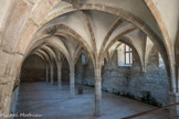 <center>Cluny.</center> La salle inférieure du Farinier qui est le cellier gothique. Il est voûté d’ogives sur une série de colonnes qui le divisent en deux nefs.