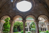 <center>Abbaye de Fontfroide.</center>Le cloître. Grand oculus et colonettes groupées dans chaque travée, ici en cinq paires : leurs marbres alternent le rouge de Caunes, la griotte des Pyrénées, le blanc veiné de gris ou de vert ; leurs chapiteaux offrent les motifs végétaux les plus variés.