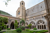 <center>Abbaye de Fontfroide.</center>Le cloître. C'est le cœur de la vie spirituelle (église au sud) et matérielle (cuisines, réfectoire des moines et scriptorium au nord). Il sert non seulement de galerie de service mais aussi de promenoir, de lieu de méditation et de lecture.
Un premier cloître roman, couvert d‘une charpente en bois, est remanié et surélevé au XIIIe siècle selon les techniques gothiques (voûtes à croisées d’ogives). De grands oculi (yeux en latin) au centre des tympans viennent inonder le cloître de lumière et des colonnettes de marbre remplacent les colonnes de grès.
Cette perte de l’austérité originelle est la conséquence de l’extraordinaire expansion de Fontfroide qui va durer jusqu'à la la moitié du XIVe siècle et permettre à l'abbaye de donner un pape à la chrétienté (Benoît XII).