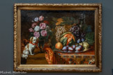 <center>Nature morte à l’épagneul nain.</center>Reynaud LEVIEUX
Nîmes, 1613 – Rome, 1699
Huile sur toile.