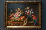 <center>Nature morte au perroquet rouge.</center>Reynaud LEVIEUX
Nîmes, 1613 – Rome, 1699
Huile sur toile.